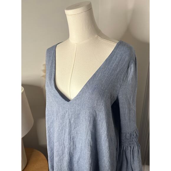 Free People Chambray Flare Sleeve Mini Dress Romper Womens XS Deep V Playsuit - Picture 5 of 10